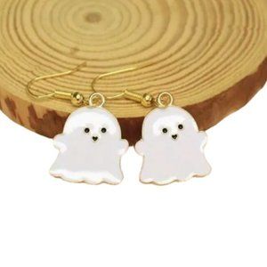 Cute Enamel Halloween Ghost Earrings White with Gold Tone Hooks